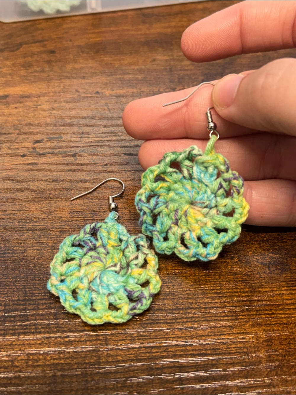 Handmade Crochet Flower Drop Earrings in Green Mix
